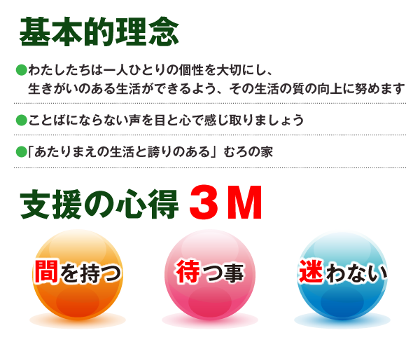 基本的理念●わたしたちは一人ひとりの個性を大切にし、生きがいのある生活ができるよう、その生活の質の向上に努めます
●ことばにならない声を目と心で聞き取りましょう●「あたりまえの生活と誇りのある」むろの家